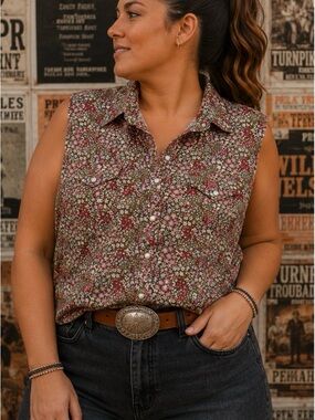 Wrangler Women’s XXL Floral Sleeveless Snap Front Western Shirt Button Down